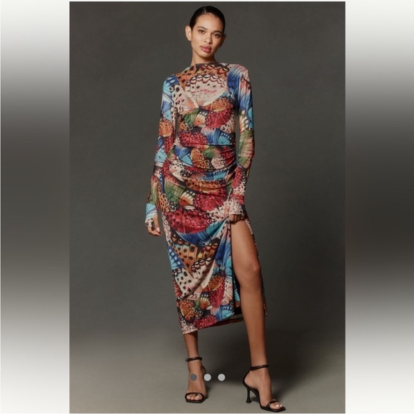 Anthropologie NWT Farm Rio Long-Sleeve Mock- Neck Mesh Slim Midi Dress size L. - Picture 1 of 15